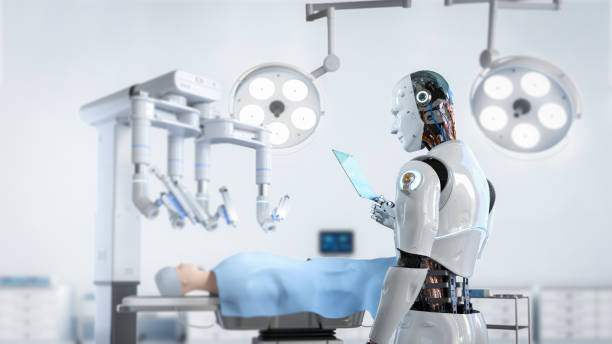 istock Doctor robot with robotic assisted surgery in operating room 1626198188