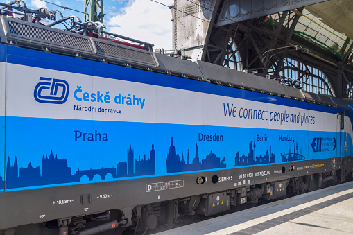 Dresden, Saxony Germany - AUG 15,2023: The blue electric loco of České dráhy (ČD) waiting for the next deployment in Dresden Main Station