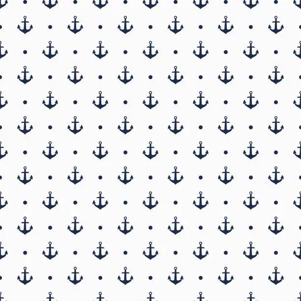 Vector illustration of mini simple oceanic silhouette, navy blue anchor with dots on white seamless pattern for background, wallpaper, texture, textile, banner, label, summer theme, flat vector design.