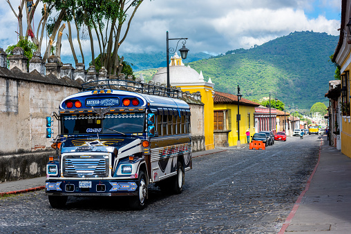 July 21st, Antigua, Guatemala. Classic bus of Guatemala. The buses called \