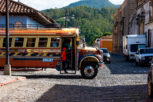 July 21st, Antigua, Guatemala. Classic bus of Guatemala. The buses called \