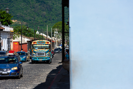 July 21st, Antigua, Guatemala. Classic bus of Guatemala. The buses called 