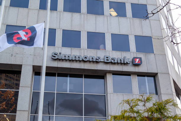 미국 미주리주 클레이튼에 있는 사무실 건물에 있는 simmons bank 로고 표지판. - clayton 뉴스 사진 이미지