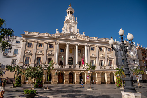 Cadiz, Spain - July 23, 2023: Historic city hall in Cadiz on a beautiful summer morning.