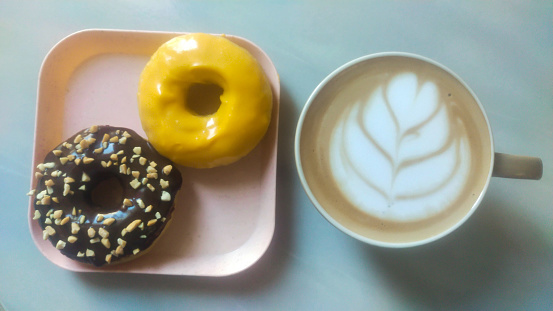 Chocolate - Cheese donuts with cafe latte in the morning