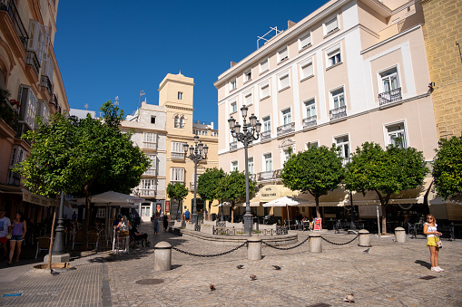 Cadiz, Spain - July 23, 2023: Beautiful streets and architecture in the Old Town of Cadiz.