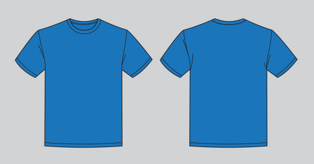 blank blue t-shirt template. front and back view - şablon stock illustrations