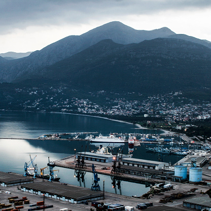 Aerial view of harbor at dusk in the town of Bar in Montenegro
