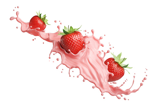 milk or yogurt splash with strawberries isolated on white background, 3d rendering.