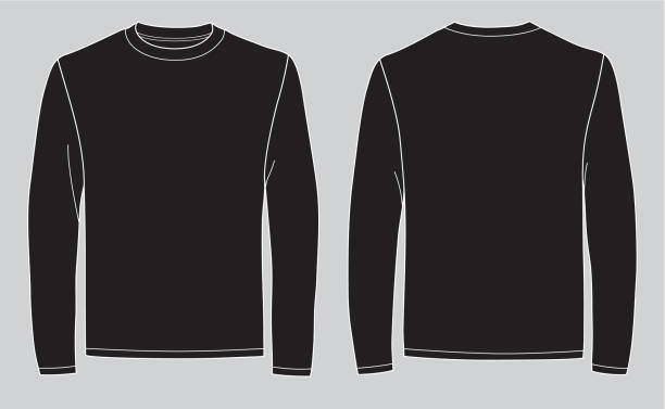 ilustrações de stock, clip art, desenhos animados e ícones de men's long sleeve black t-shirt with front and back views - long sleeved shirt blank black