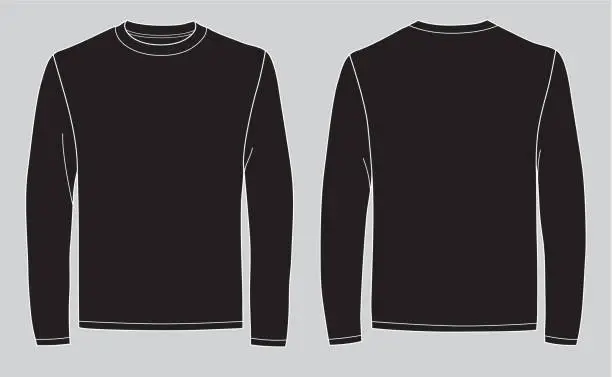 Vector illustration of Men's long sleeve black t-shirt with front and back views