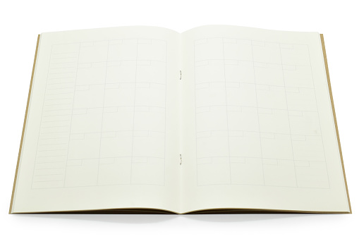 top view image of open planner notebook with blank page, paper isolated on white background
