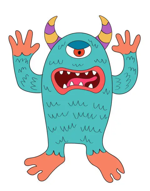 Vector illustration of One-eyed Halloween alien monster cartoon drawing.