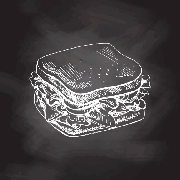 illustrations, cliparts, dessins animés et icônes de croquis vectoriel dessiné à la main d’un morceau de sandwich avec des légumes, du fromage, de la viande. doodle illustration vintage isolée sur fond de tableau. - sandwich sketch cartoon line art