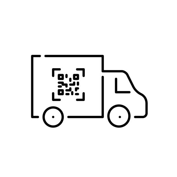 illustrazioni stock, clip art, cartoni animati e icone di tendenza di camion di consegna con codice qr stampato su di esso. tratto modificabile perfetto al pixel - coding qr code two dimensional shape bar code