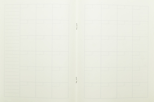 top view image of open planner notebook with blank page, lined paper texture background