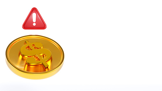 3D rendering of a golden coin with an exclamation mark, warning, alert,  Uncertainty of the currency concept