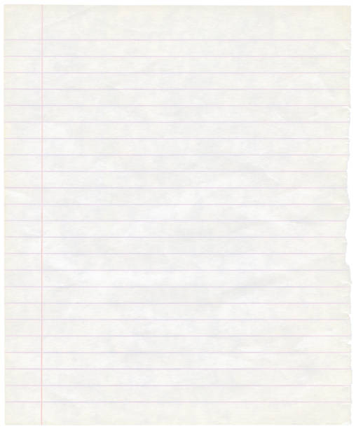 Single sheet of natural old aged grungy torn isolated white lined note paper page texture, large detailed blank empty notebook copy space background, vertical exercise book textured pattern flat lay macro closeup