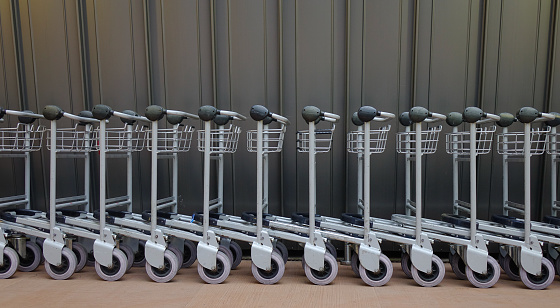 Trolleys at Departure Terminal of SSR International Airport in Mahebourg, Mauritius.