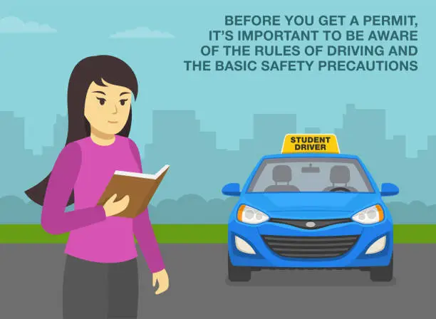 Vector illustration of Car drive practicing. Before you get a permit, it's important to be aware of the rules od driving and precautions. Femalte student driver reading a book.