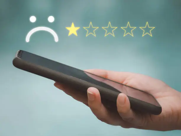 Photo of Customer satisfaction through one star dissatisfied icon on smartphone
