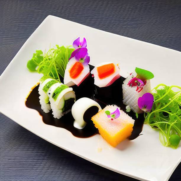 Exquisite Japanese Fusion Sushi, Rolls, Caviar, and Flowers