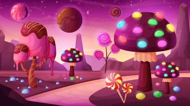 Vector illustration of Candy fantasy planet, magic neon background, cosmic landscape with fairy tale plants