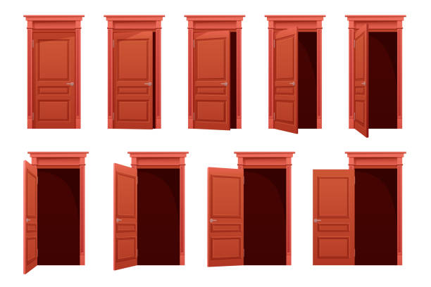 Open door animation, sequence stages of brown wood closed, ajar home or office door Open door animation vector illustration. Cartoon isolated sequence stages of brown wood closed, ajar and open doors, front view of entrance to building, home room or office with doorway and knob sequential series stock illustrations