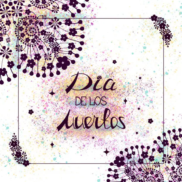 Vector illustration of Hand drawn doodle floral lace pattern and Dia de los muertos lettering with colorful watercolor stains and splashes on background. Day of the dead  template for banner, social media, invitation, greeting card