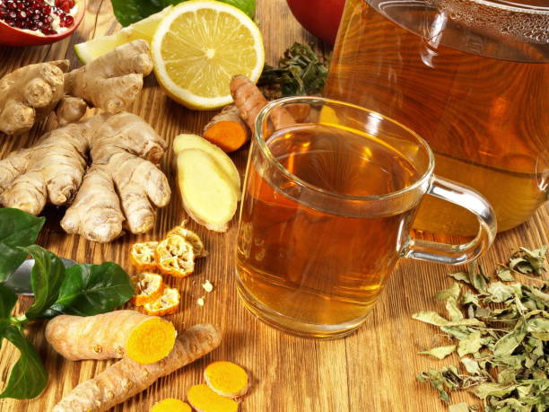 istock Tea with different ingredients on wooden Background 1626676681