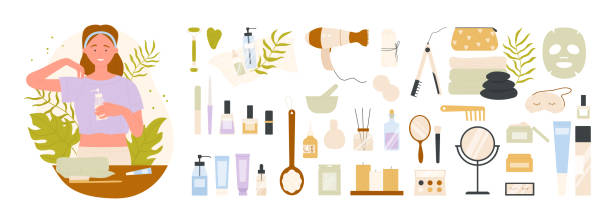 Eco friendly personal care, hygiene products and tools set, woman holding cosmetic bottle Eco friendly personal care, hygiene products and tools set vector illustration. Cartoon isolated woman holding cosmetic bottle for healthy skin routine, infographic skincare stickers for cleanliness home fragrance stock illustrations
