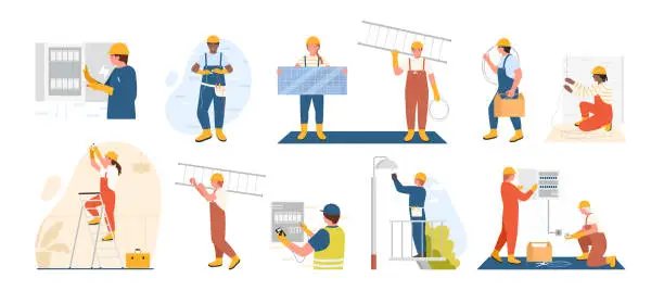 Vector illustration of Work of electricians set, technicians of repair service fix electric city system