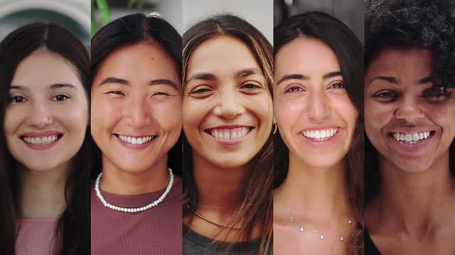 Portraits of Happy People Looking at Camera Close Up. Bright Inspiration in Optimistic Life of Ethnic Girls and Mixed Race Women. Various Individuality of Gorgeous Faces in Creative Footage Collage