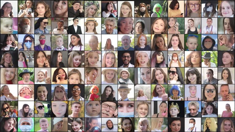 Video collage of smiling multicultural faces.