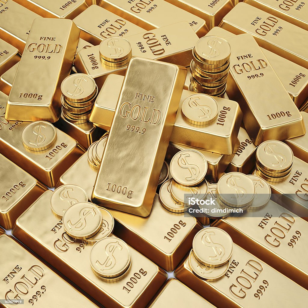 bullion gold bars and gold coins. Coin Stock Photo