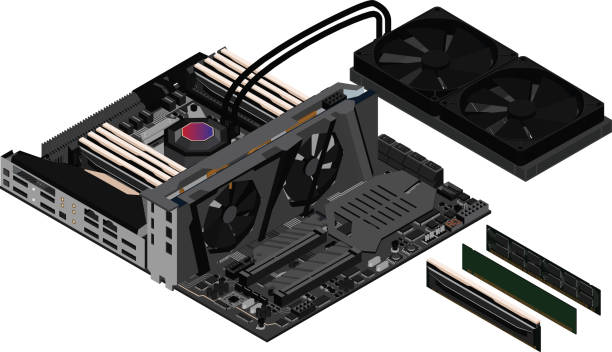 An illustration of the components of a basic computer.computer technology in the workplace, isometric ,3d rendering An illustration of the components of a basic computer.computer technology in the workplace, isometric ,3d rendering motherboard ram slots stock illustrations