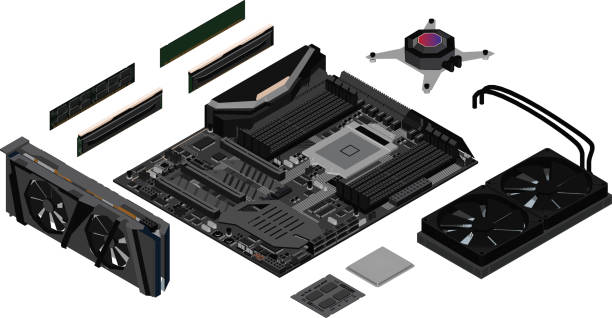 An illustration of the components of a basic computer.computer technology in the workplace, isometric An illustration of the components of a basic computer.computer technology in the workplace, isometric motherboard ram slots stock illustrations