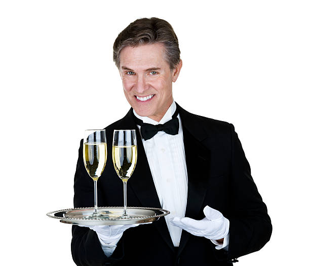 hombre que se sirven con champán - serving tray silver plate fotografías e imágenes de stock