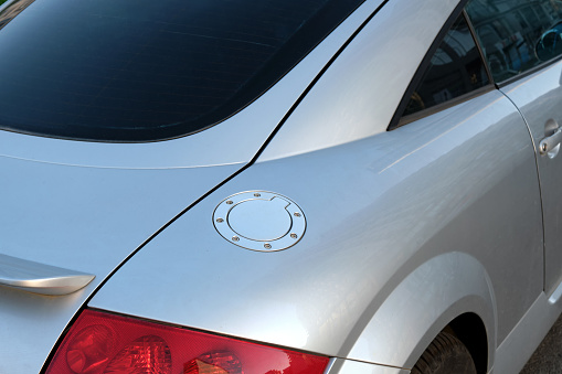 Close-up of a decorative hatch for refueling on an Audi TT car :Batumi, Georgia - July 14, 2023.