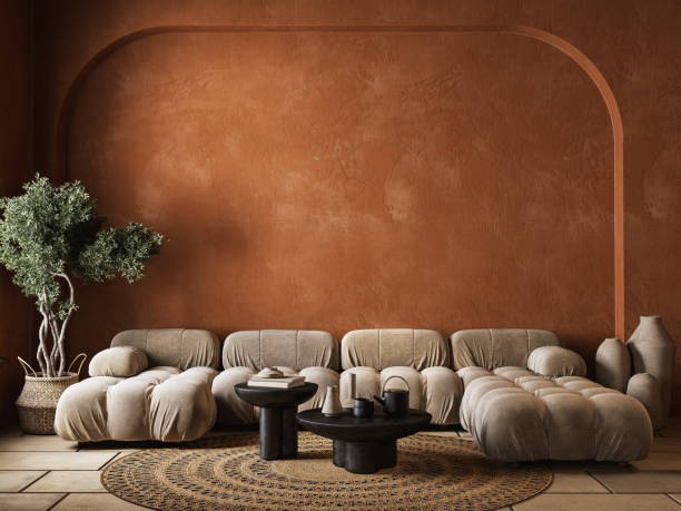 istock Orange interior with sofa, decor, stucco wall. 3d render illustration mockup. 1626763487