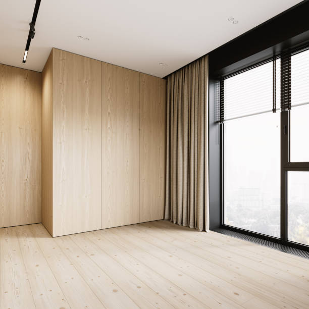 istock Contemporary interior with wood wall panel and panoramic window. 3d render illustration mockup. 1626764079