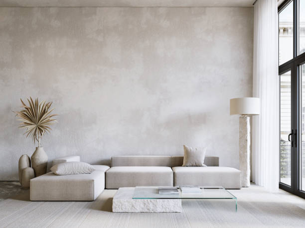 istock Contemporary minimalist gray interior with sofa, gray stucco wall, coffee table and decor. 3d render illustration mockup. 1626764631
