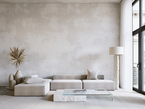 Contemporary minimalist gray interior with sofa, gray stucco wall, coffee table and decor. 3d render illustration mockup.