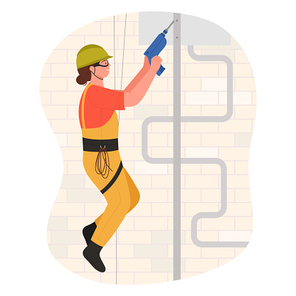 Construction worker hanging on rope with drill vector illustration. Cartoon isolated scene of building work at height, woman industrial climber in safety belt and helmet working with equipment