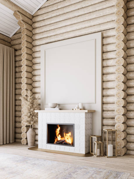istock Chalet house with fireplace and decor. 3d render illustration mockup. 1626767845