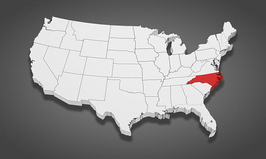 North Carolina State Highlighted on the United States of America 3D map. 3D Illustration