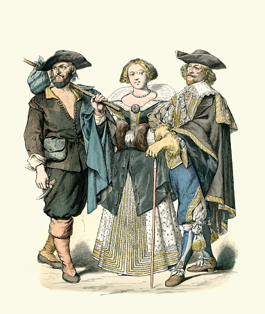 Vintage illustration Period costumes of Europe, French peasant, burger woman and merchant, mid 17th Century History of Fashion