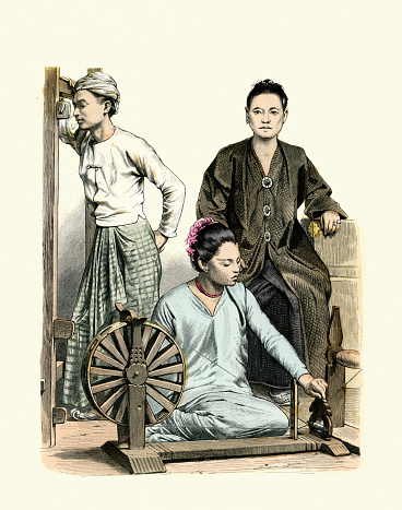 Vintage illustration Traditional costumes of Asia, Burma, Burmese weaver and woman suing spinning wheel woman of Ava now Inwa, 19th Century History of Fashion