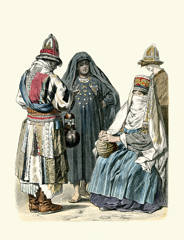 Vintage illustration Traditional costumes of central Asia, Dervish man and Turkmen women, 19th Century History of Fashion