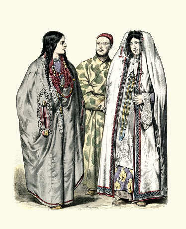Vintage illustration Traditional costumes of central Asia, Sarti women and man from Turkestan, Türkmenistan  on the Chinese border, 19th Century History of Fashion